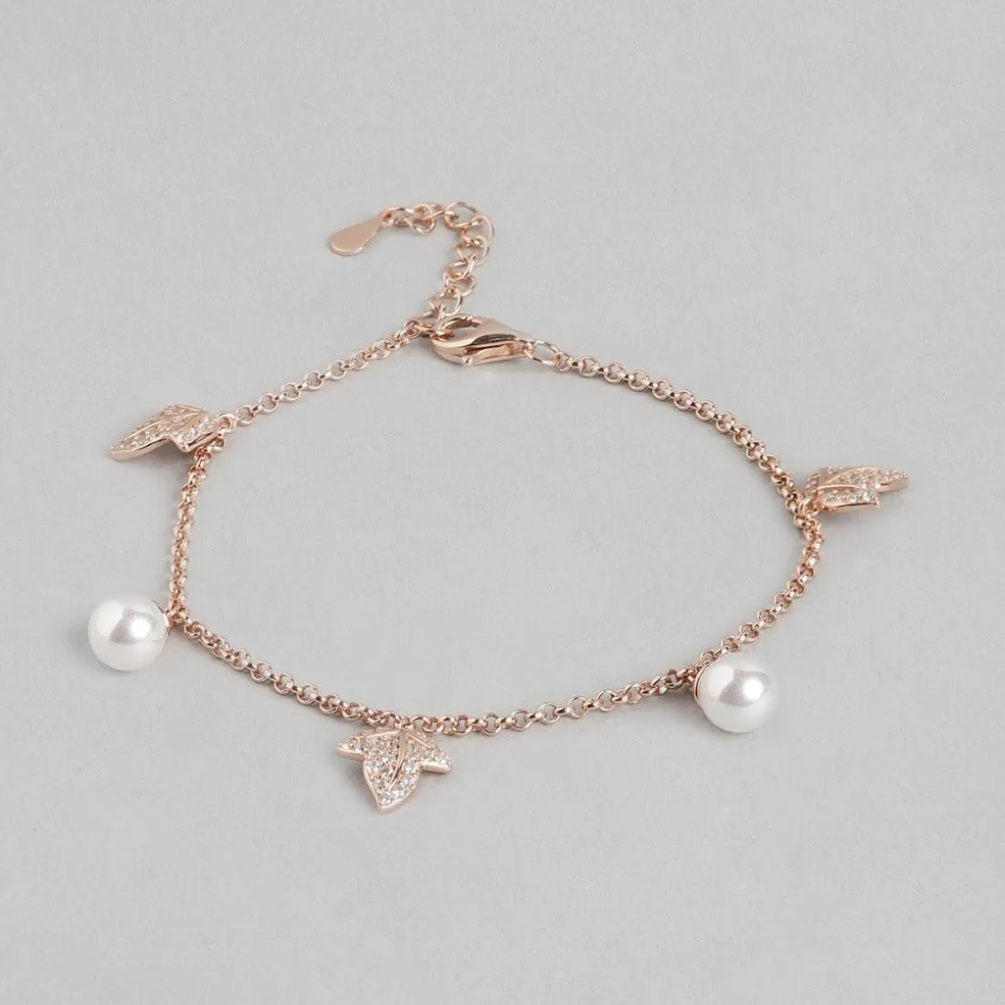 Twinkling Leaves and Cute Pearls Charm 925 Silver Bracelet