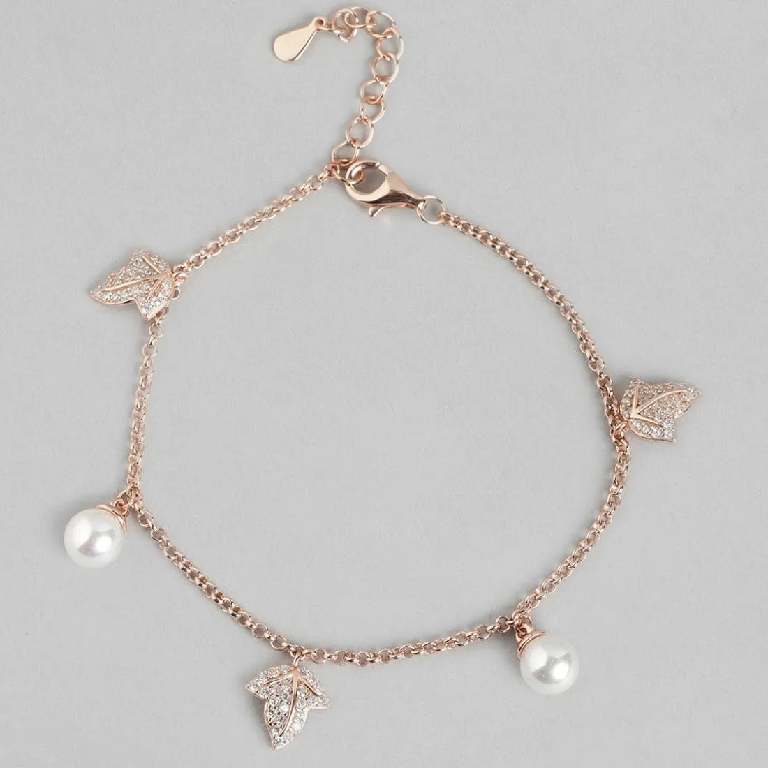 Twinkling Leaves and Cute Pearls Charm 925 Silver Bracelet