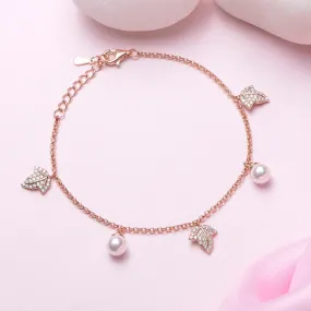 Twinkling Leaves and Cute Pearls Charm 925 Silver Bracelet