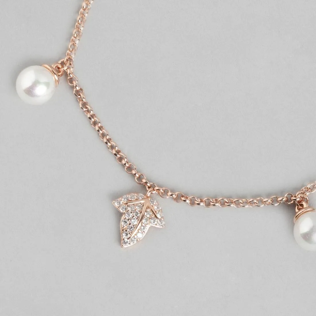 Twinkling Leaves and Cute Pearls Charm 925 Silver Bracelet