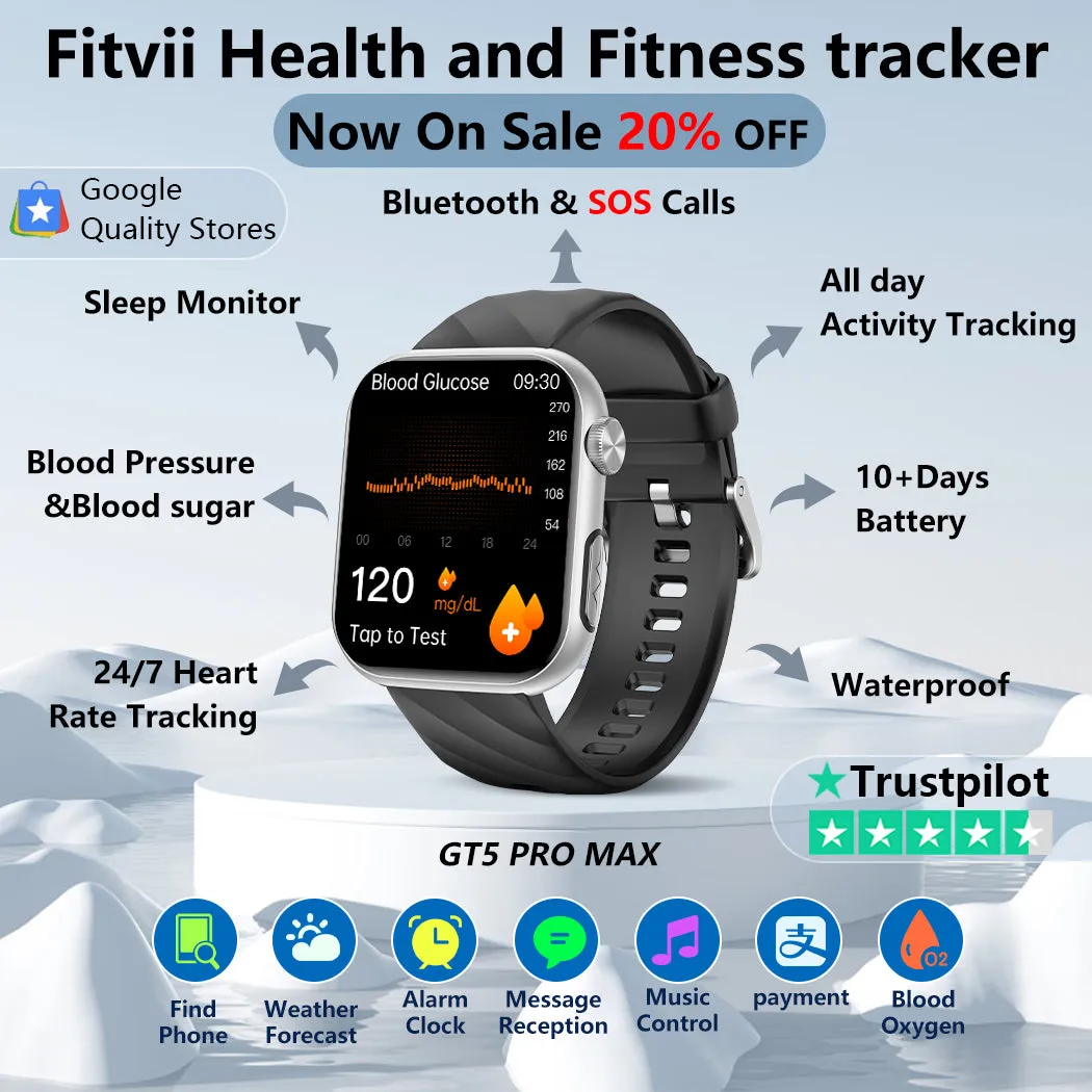 Upgrade FITVII® GT5 Plus Blood Pressure Watch With Heart Rate Blood Glucose Monitor Calls Smartwatch Free Watch💥