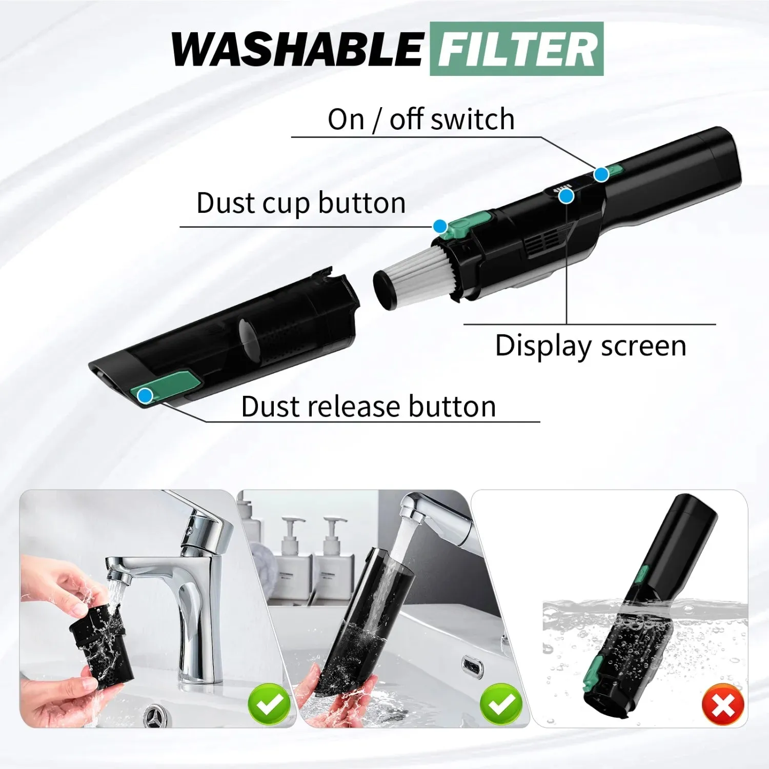 WHALL® Handheld Cordless Vacuum, Portable Vacuum with 15KPA Suction, Fast Charging, EV-H061 (New)