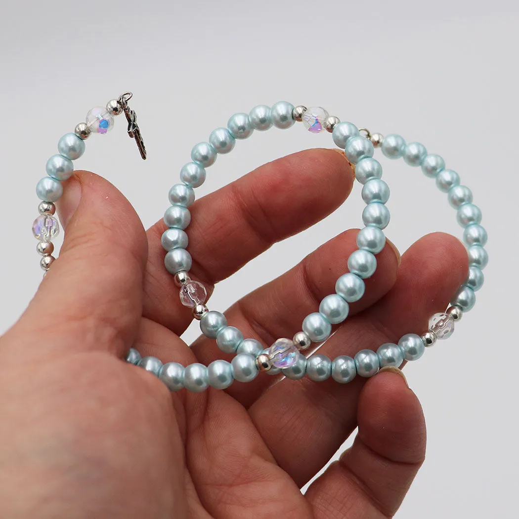 Women's 5-Decade Spiral Wrap Rosary Bracelet, Light Blue Imitation Pearl Bead