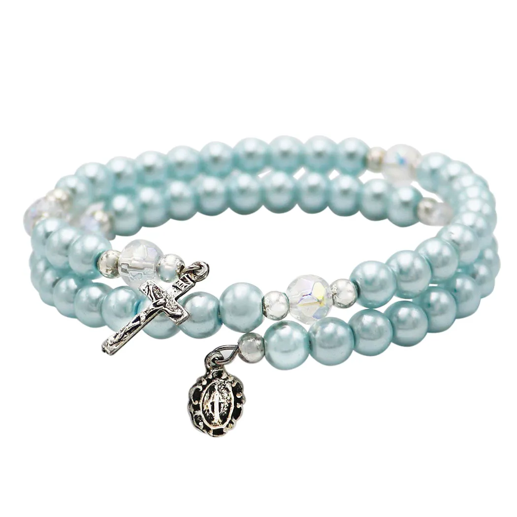 Women's 5-Decade Spiral Wrap Rosary Bracelet, Light Blue Imitation Pearl Bead